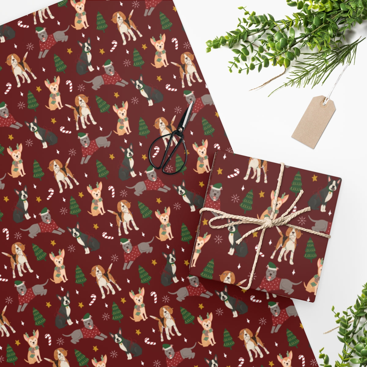Christmas Dogs Wrapping Paper - Deep Red