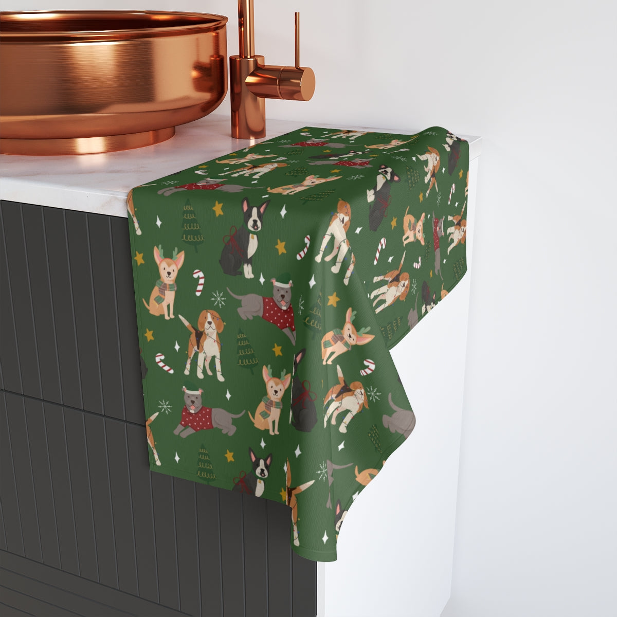 Christmas Dogs - Dark Green - Hand Towel