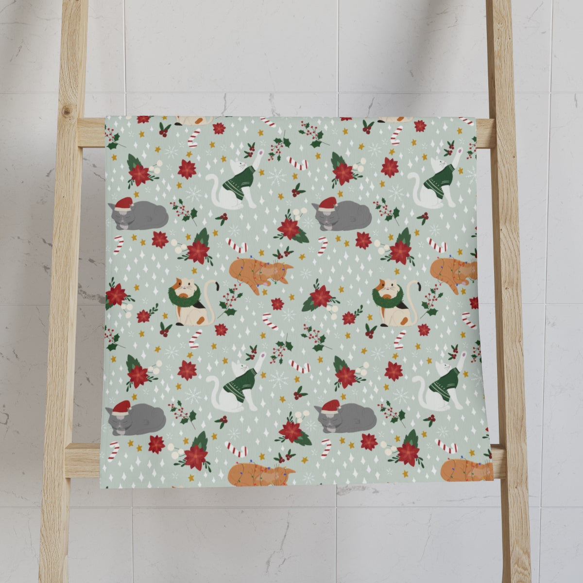 Christmas Cats - Soft Green - Hand Towel