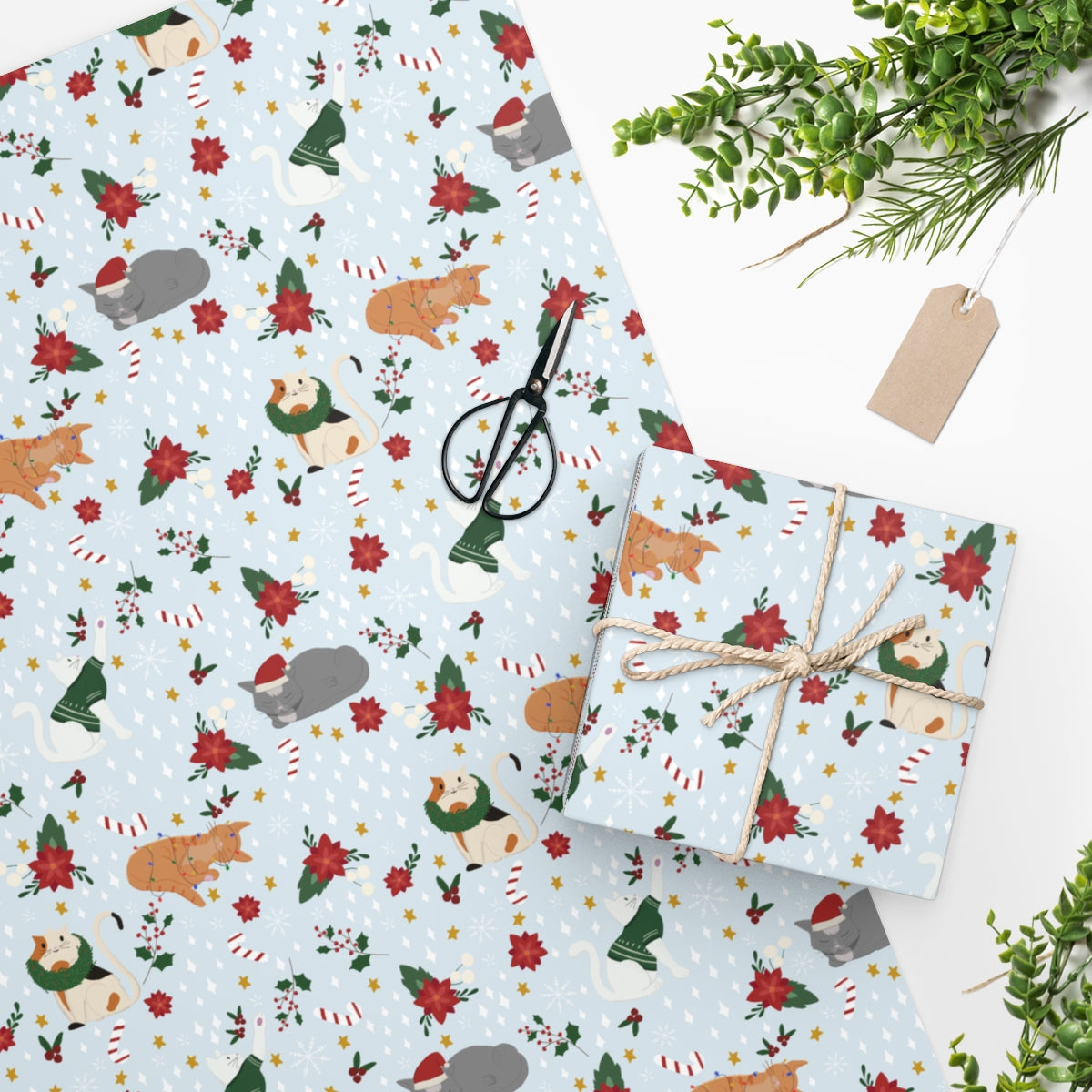 Christmas Cat Wrapping Paper - Snowy Blue