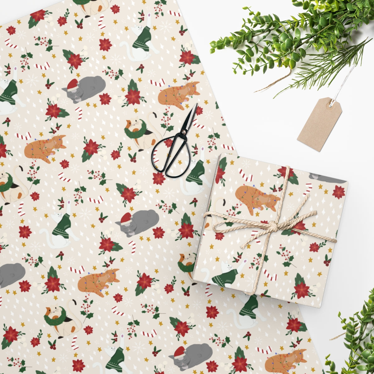 Christmas Cat Wrapping Paper - Light Tan