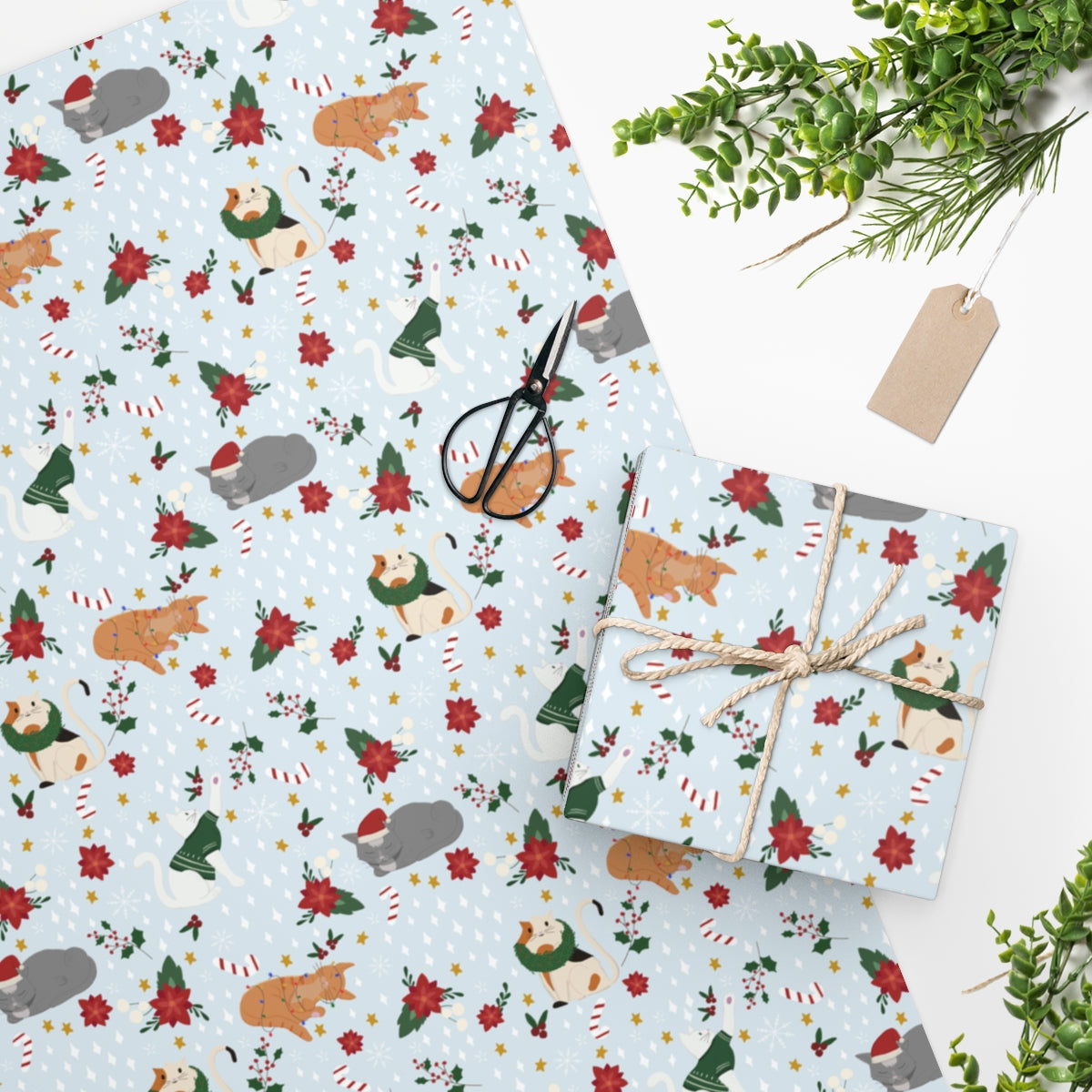 Christmas Cat Wrapping Paper - Snowy Blue