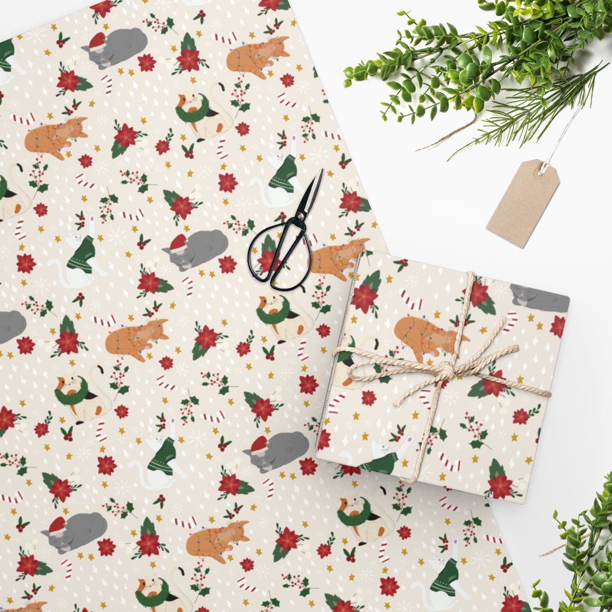 Christmas Cat Wrapping Paper - Light Tan