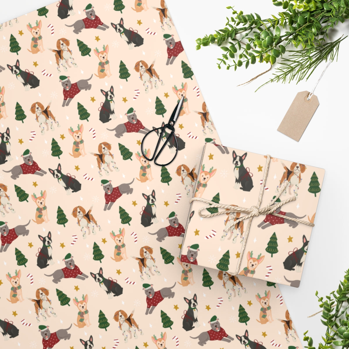 Christmas Dogs Wrapping Paper - Tan
