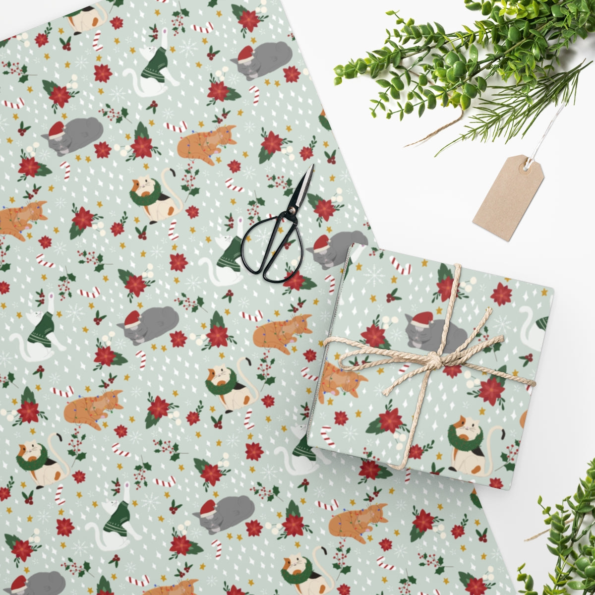 Christmas Cat Wrapping Paper - Soft Green