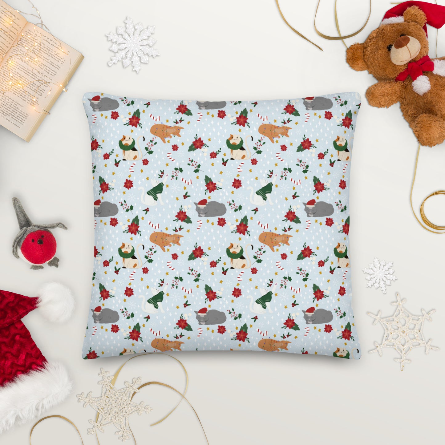 Christmas Cats - Snowy Blue - Premium Pillow