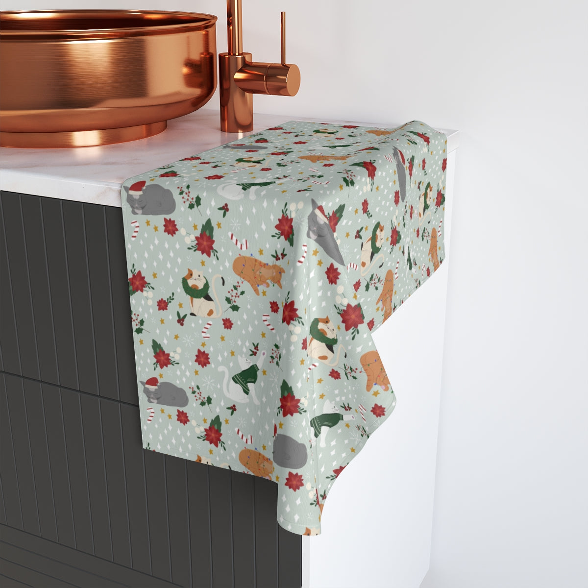 Christmas Cats - Soft Green - Hand Towel