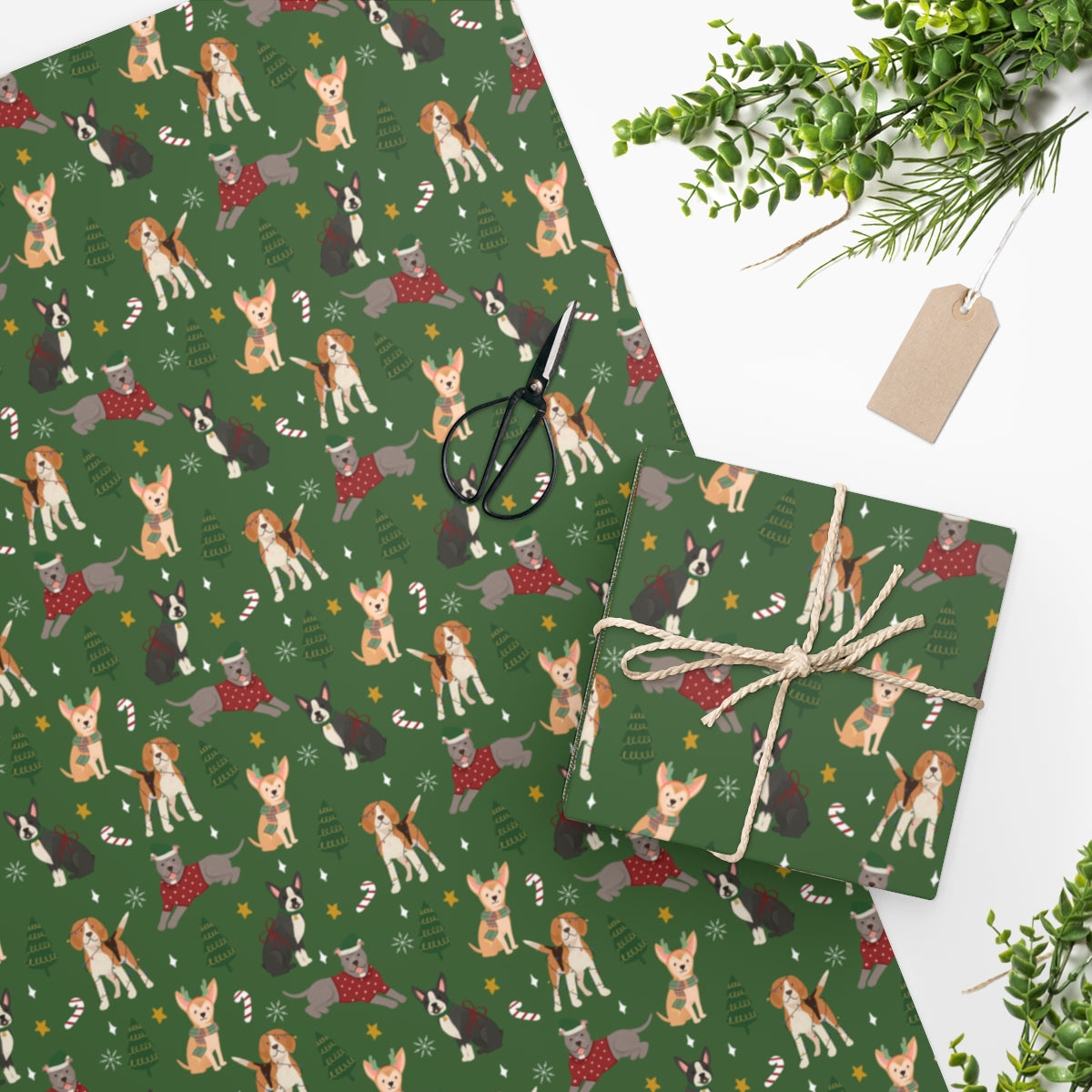 Christmas Dogs Wrapping Paper - Dark Green
