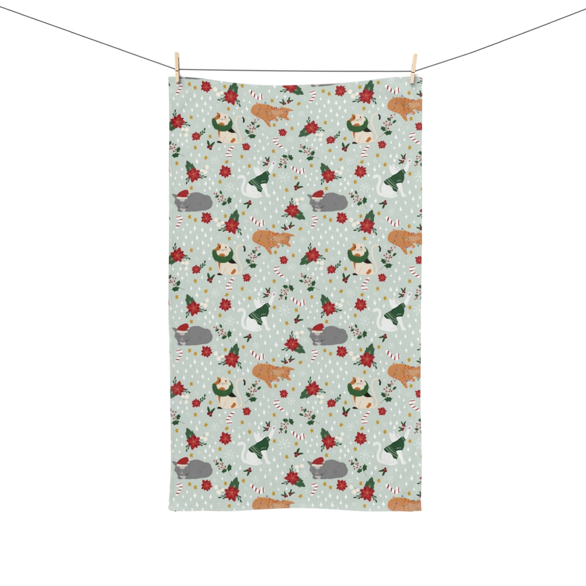 Christmas Cats - Soft Green - Hand Towel