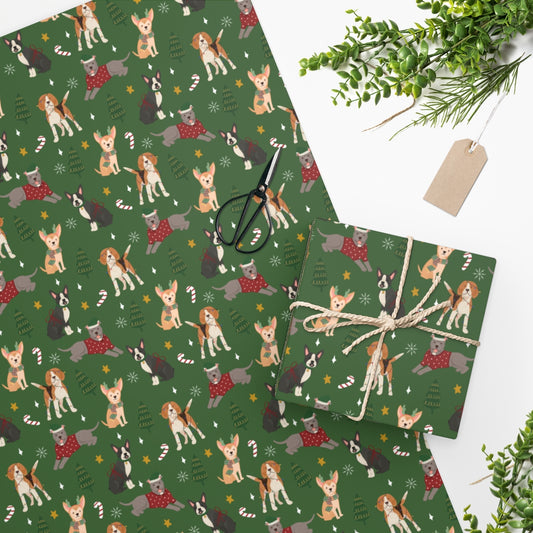 Christmas Dogs Wrapping Paper - Dark Green