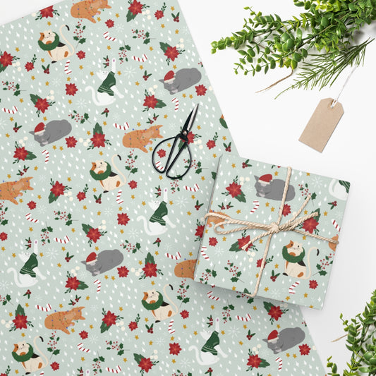 Christmas Cat Wrapping Paper - Soft Green