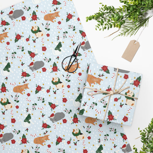 Christmas Cat Wrapping Paper - Snowy Blue