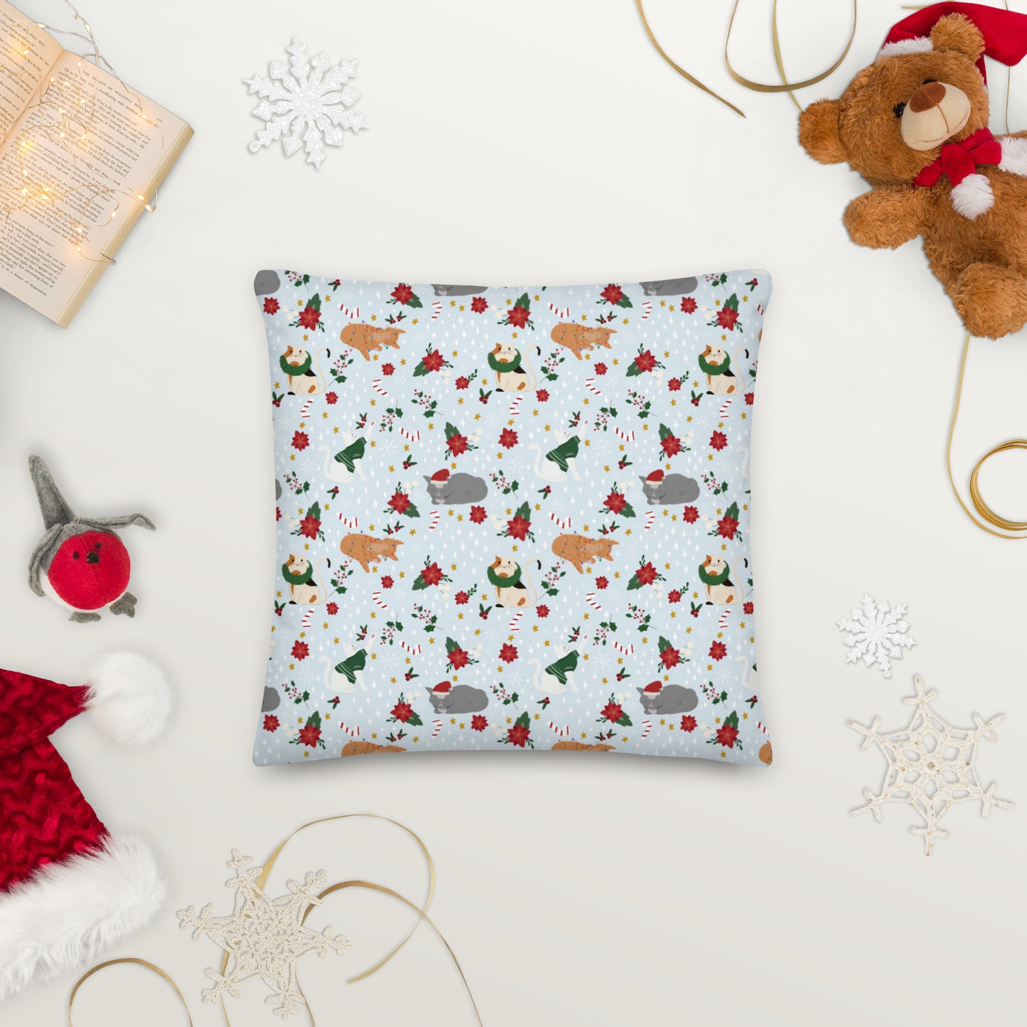 Christmas Cats - Snowy Blue - Premium Pillow