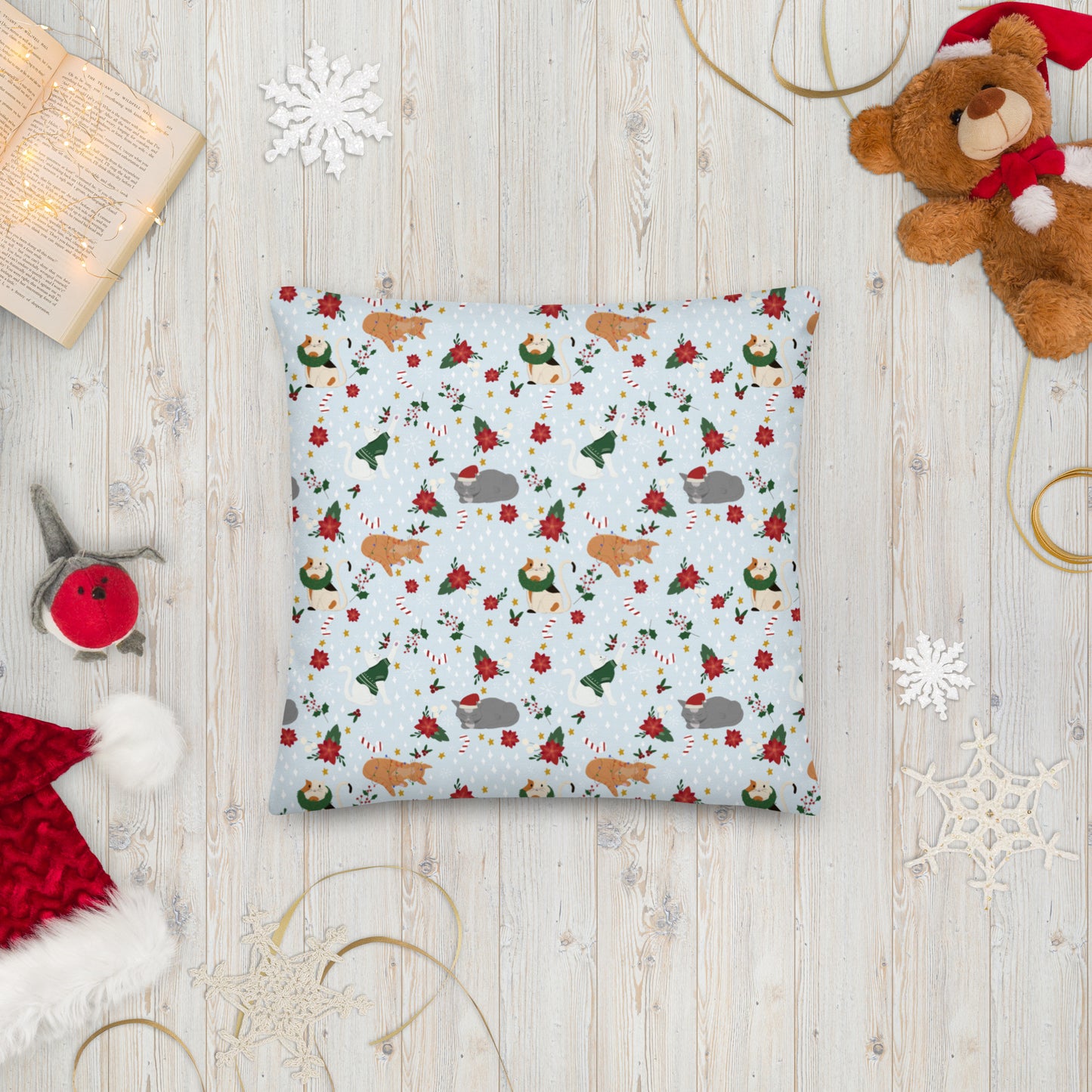 Christmas Cats - Snowy Blue - Premium Pillow