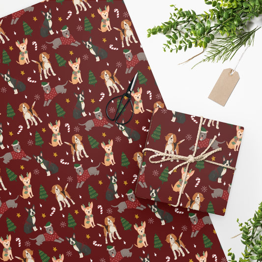 Christmas Dogs Wrapping Paper - Deep Red